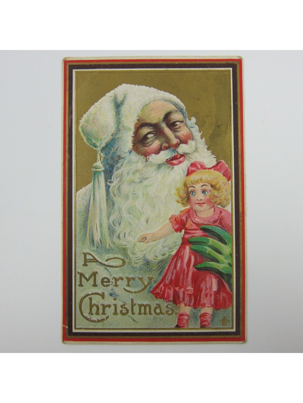 Christmas Postcard Santa in White Green Glove Holds Doll Gold Embossed Antique